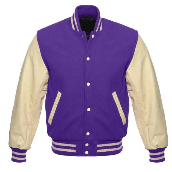 Men's Purple and Cream Varsity Wool and Leather Jacket