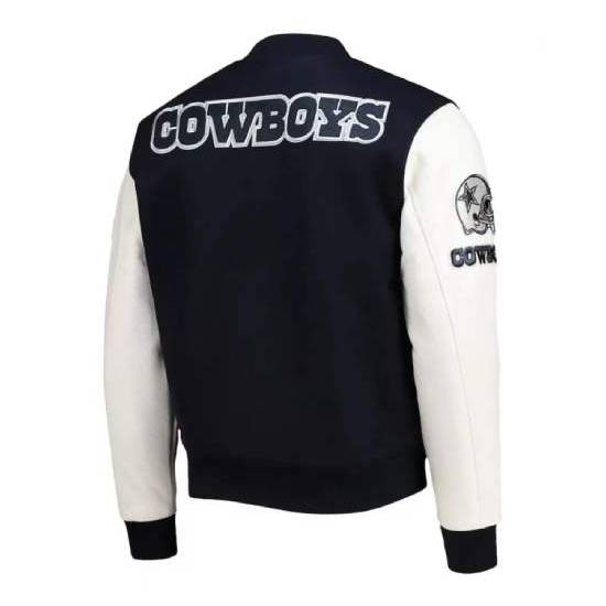 NFL Dallas Cowboys White and Navy Blue Full-Snap Wool Varsity Jacket