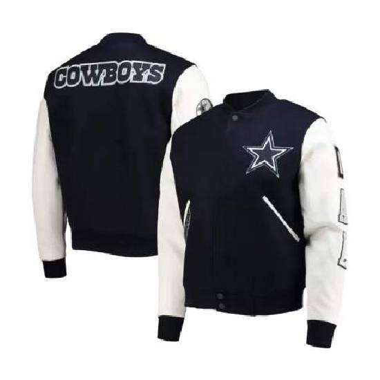 NFL Dallas Cowboys White and Navy Blue Wool Varsity Jacket