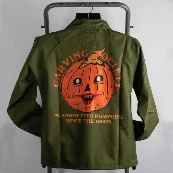 Retro Halloween Canvas Carving Society Green Jacket
