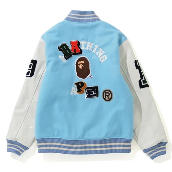 Bape Patch Crazy Full-Snap Varsity Wool And Leather Jacket